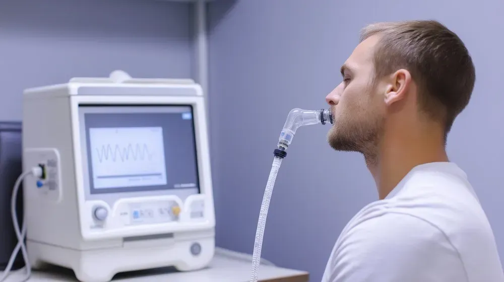 Candidate undergoing spirometry lung function test during a baseline health assessment