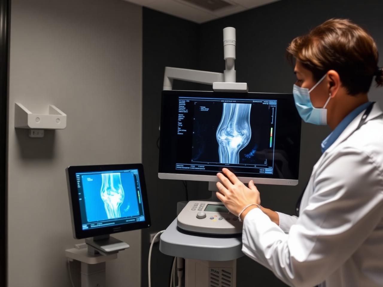 Clinician reviewing musculoskeletal ultrasound scan of a knee